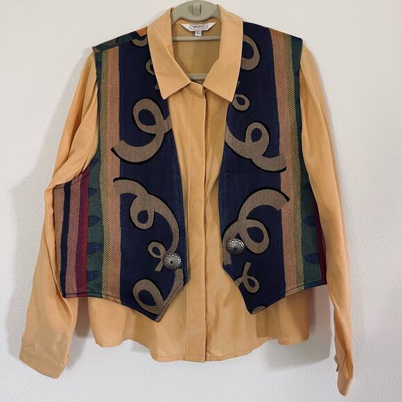 VTG WRAPS Western LS Shirt and Printed Vest- cowgirl retro gold 90's 80's EUC - Picture 1 of 14